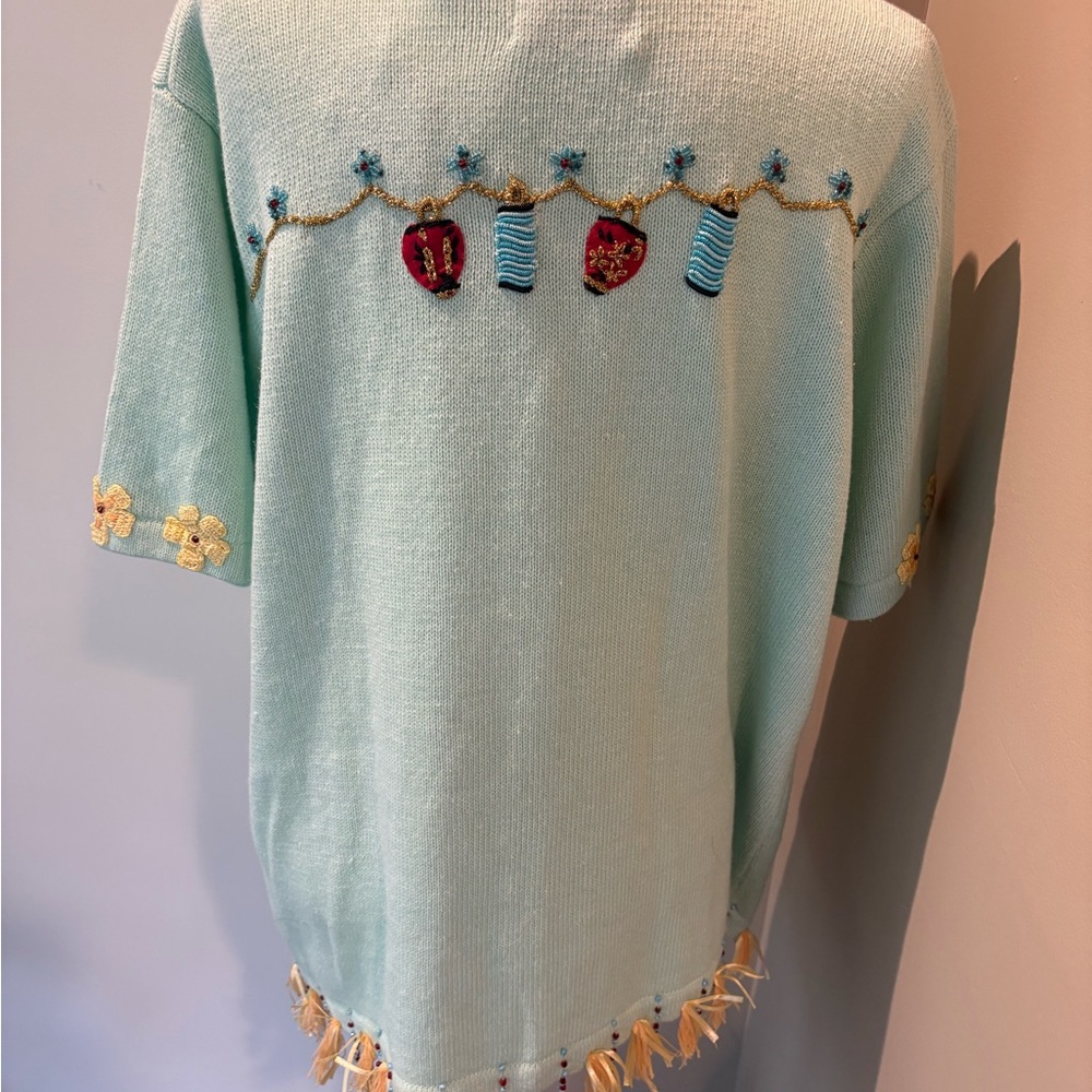 NWT Storybook Knits 2X Lt Blue Luau Hula Girl Embroidered Short Sleeve Cardigan - Picture 8 of 16